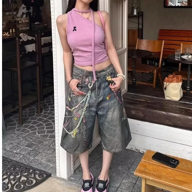 美式复古七分牛仔裤女夏季涂鸦印花重磅直筒阔腿裤宽松休闲短裤子