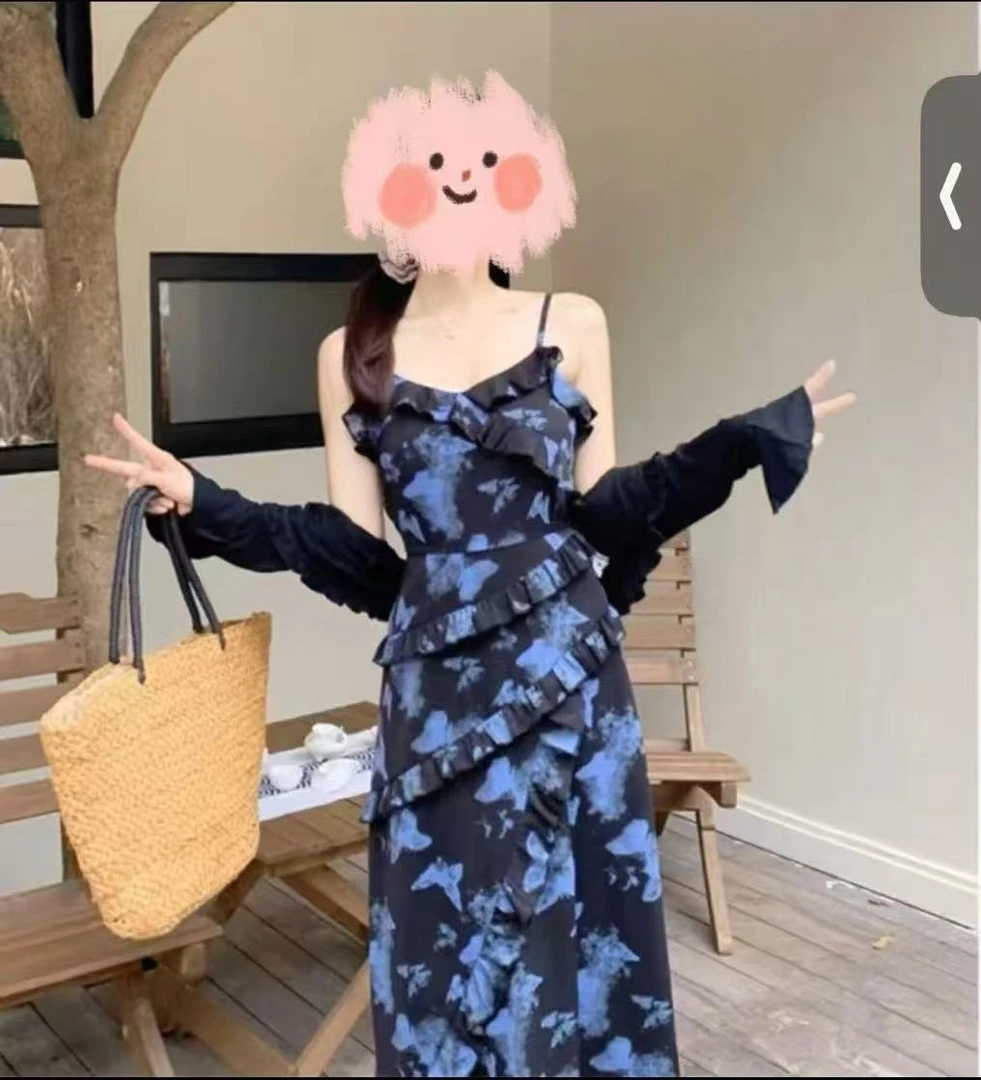 大码度假风显瘦连衣裙开衫两件套585021