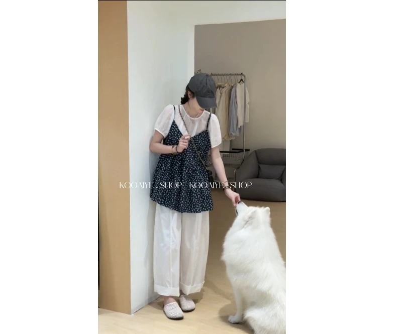 【万人迷】夏季新款韩系显瘦时尚休闲宽松碎花吊带两件套