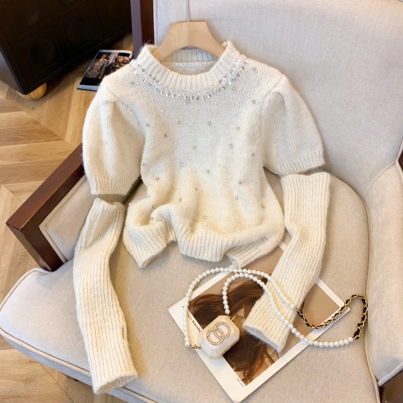 时尚刺绣蝴蝶结短袖毛衣女冬季新款圣诞红泡泡袖带袖套针织衫