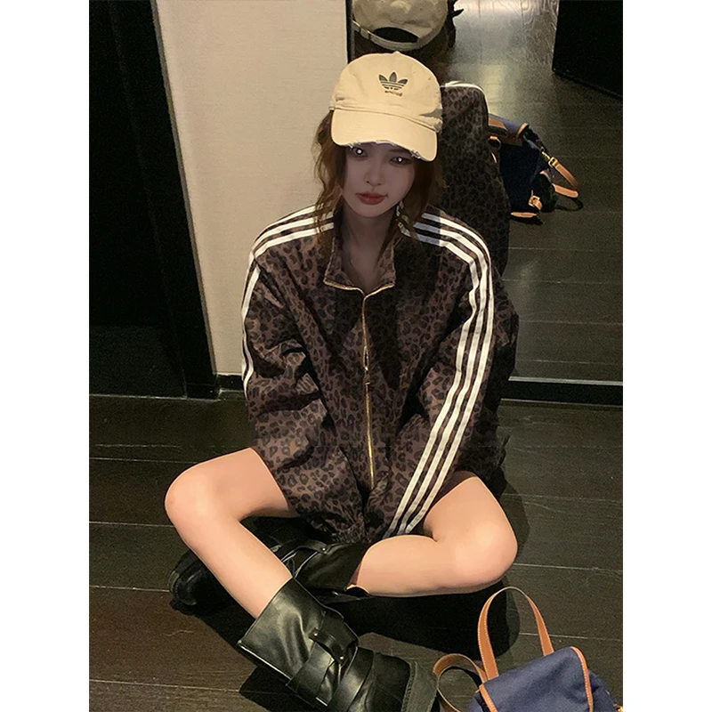 美式复古豹纹立领长袖棒球服外套女秋季新款高级感宽松百搭上衣潮