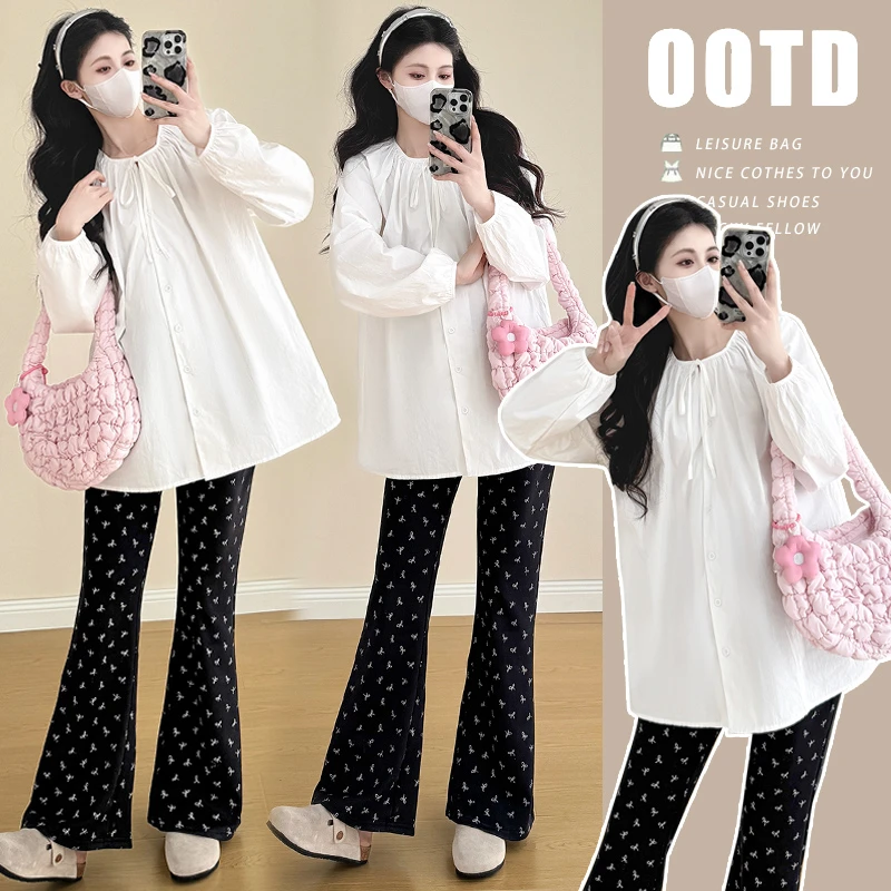 韩版显瘦孕妇装洋气2025休闲简约衬衫+印花微喇裤潮妈韩系两件套