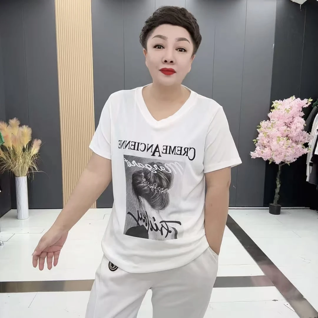 1857*时尚大码休闲字母宽松型T恤妈妈装韩版圆领运动半袖上衣