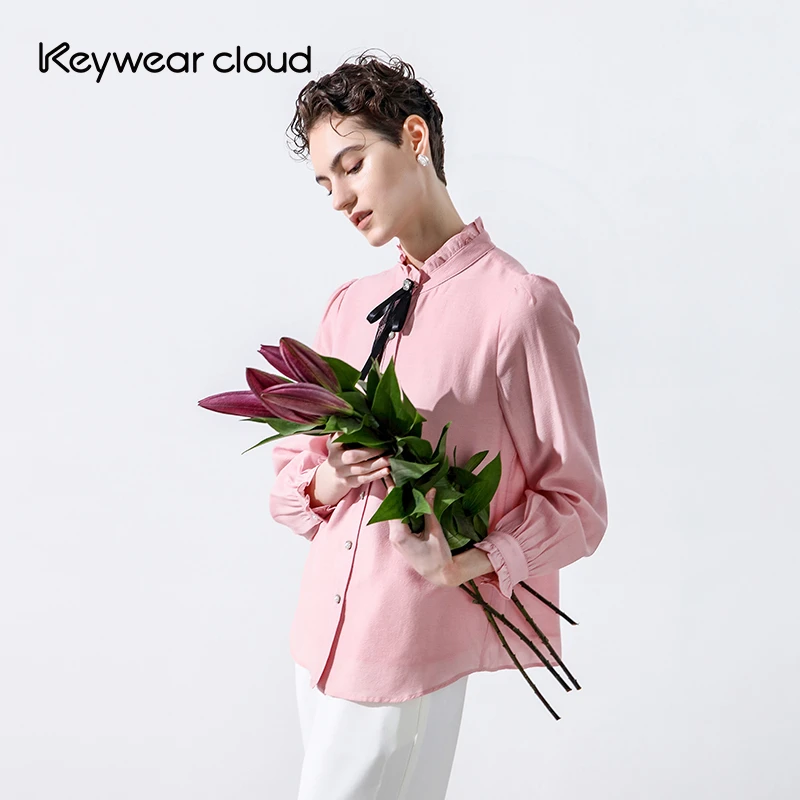 Keywearcloud奇威秋季气质法式柔粉蝴蝶结系带甜美立领衬衫