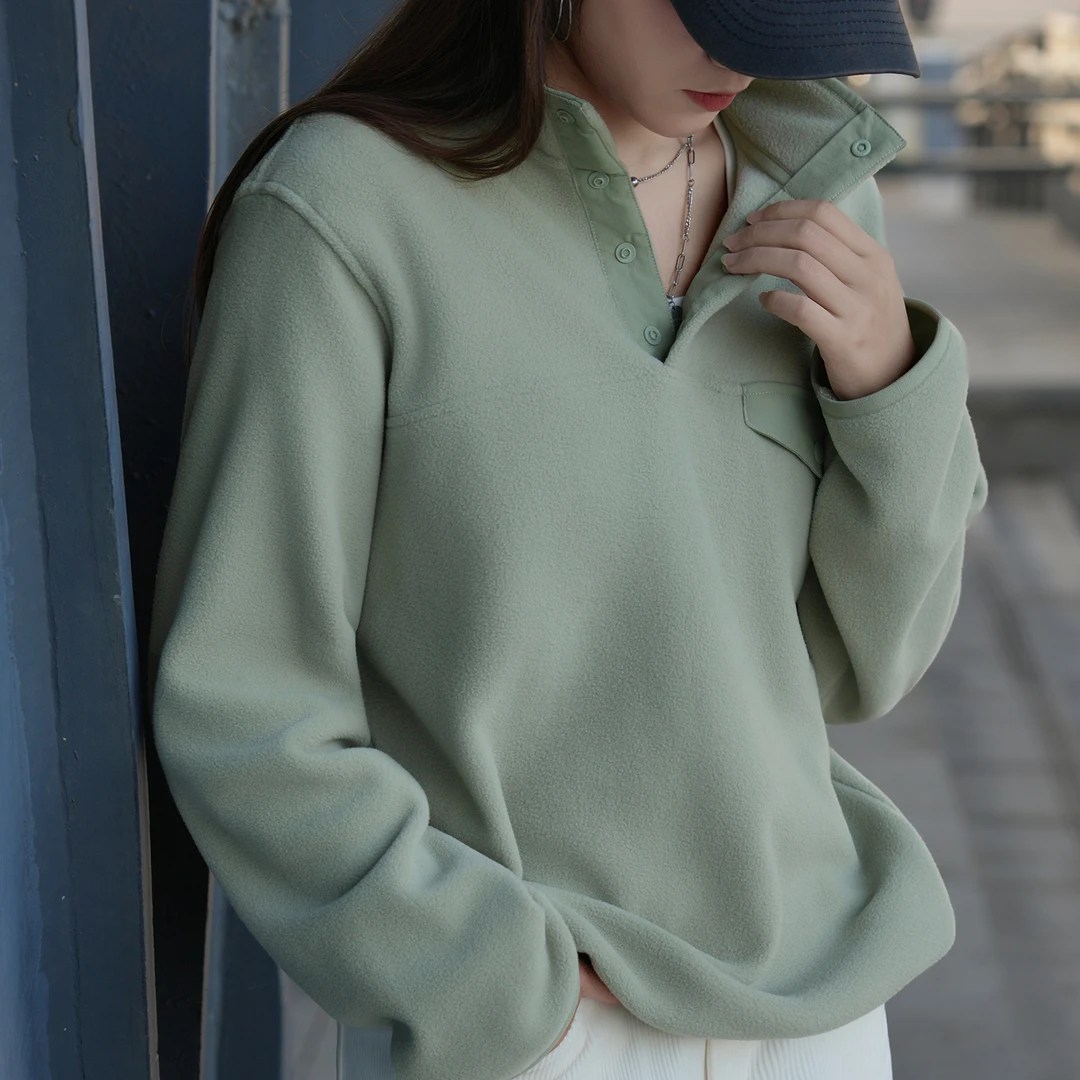 摇粒绒秋冬抗静电女士半高领立领宽松长袖加绒卫衣外套奥粒绒绒衫