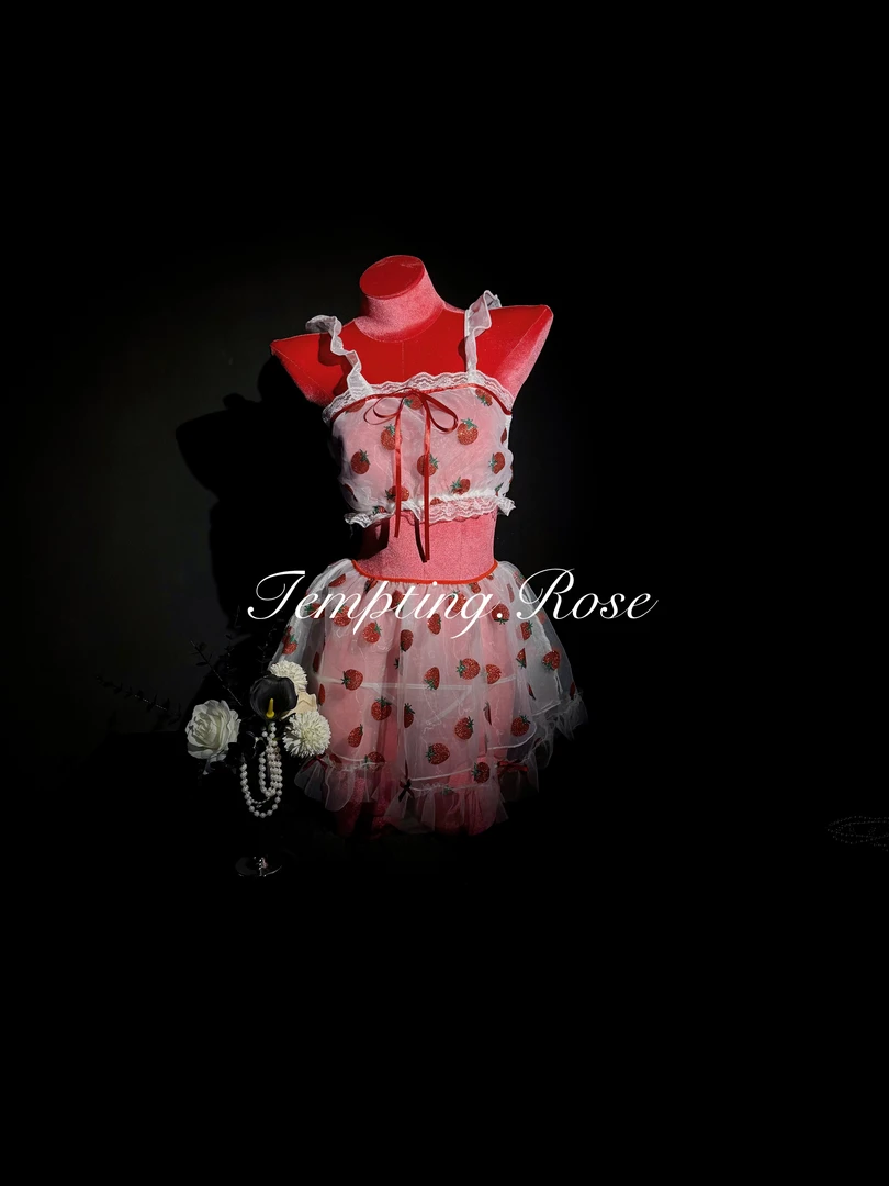 草莓罐头 日系草莓印花纯欲风网纱透视蕾丝花边洋气露腰露背睡裙