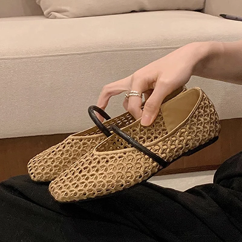 羊皮手工镂空单鞋女夏季2025新款编织透气平底法式轻奢玛丽珍凉鞋