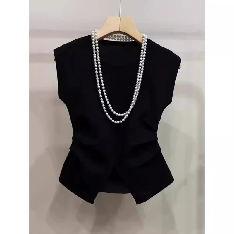 黑色圆领冰丝无袖针织衫女夏季2025新款褶皱收腰开叉高腰打底衫女