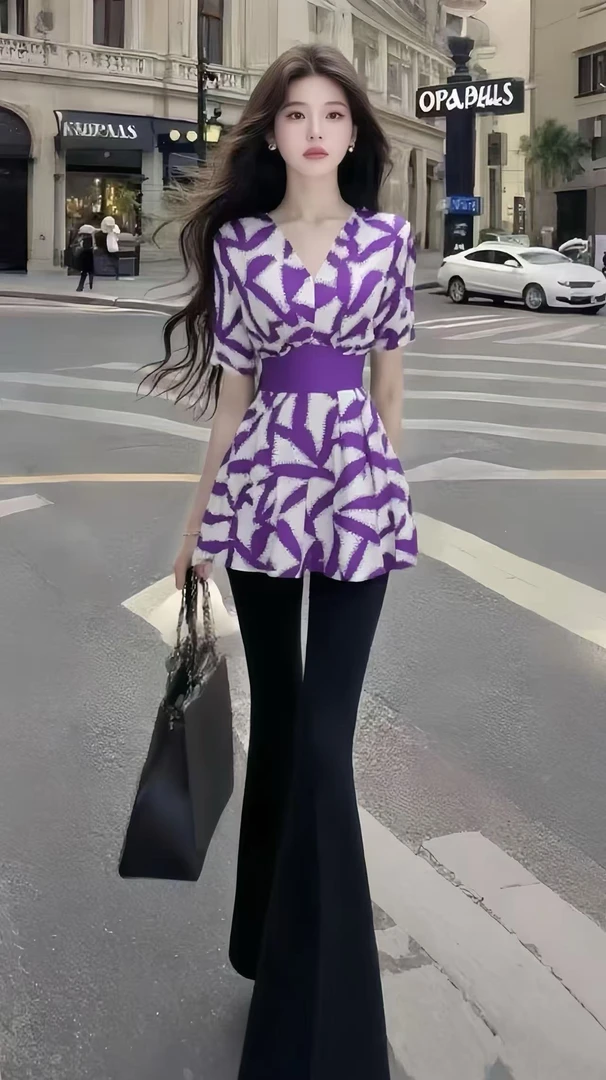 新款小众设计感紫色V领短袖收腰上衣+黑色百搭显瘦长裤减龄两件套