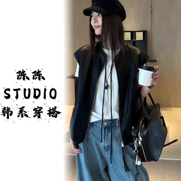 蛋白皮皮衣马甲女2025秋季新款韩系复古显瘦休闲宽松百搭上衣
