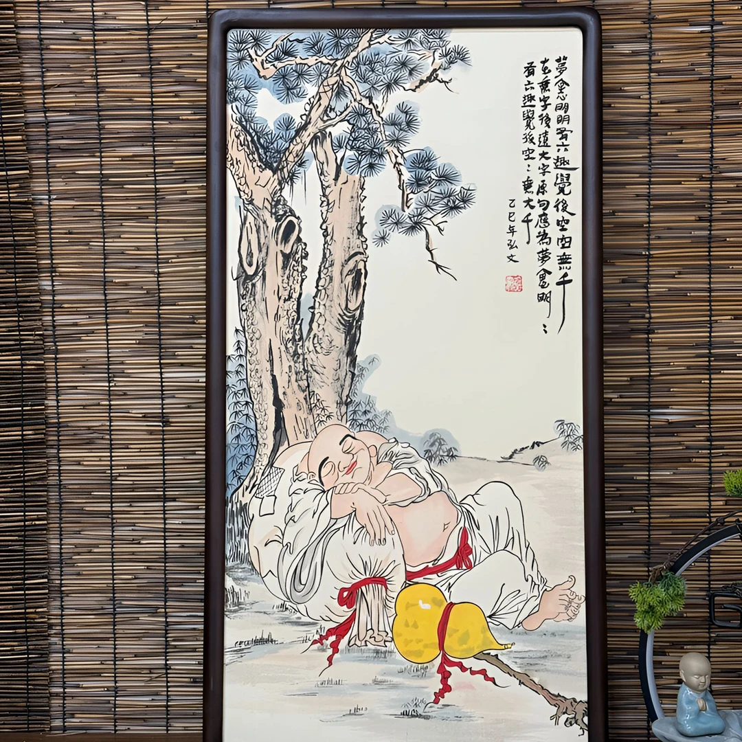 手绘睡佛 弥勒佛带框新中式客厅茶室书房办公室挂画