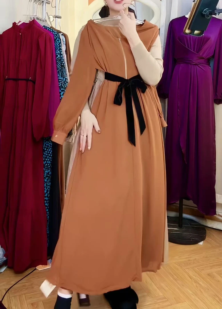 【220#-焦糖色】高端气质时尚长袖优雅缎面连衣裙秋冬轻奢显瘦侧柜