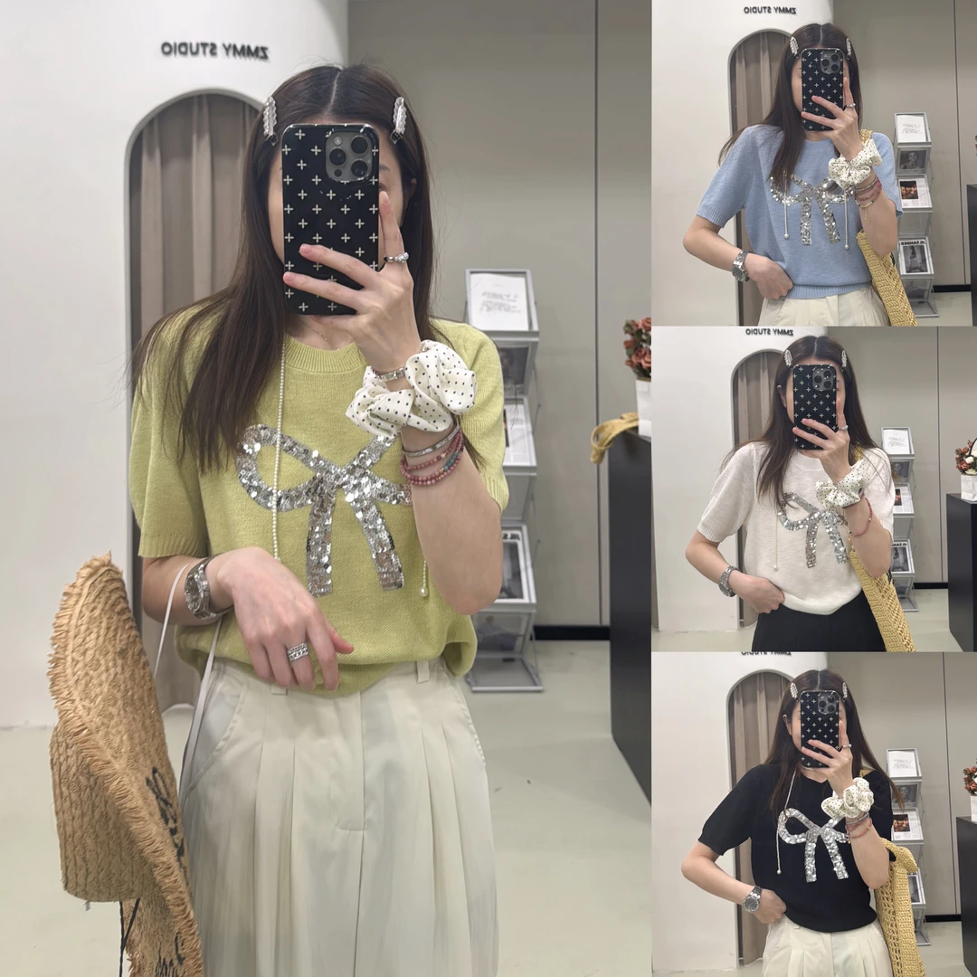 【ZMMY严选私服】新款修身显瘦亮片蝴蝶结针织短袖K5040804