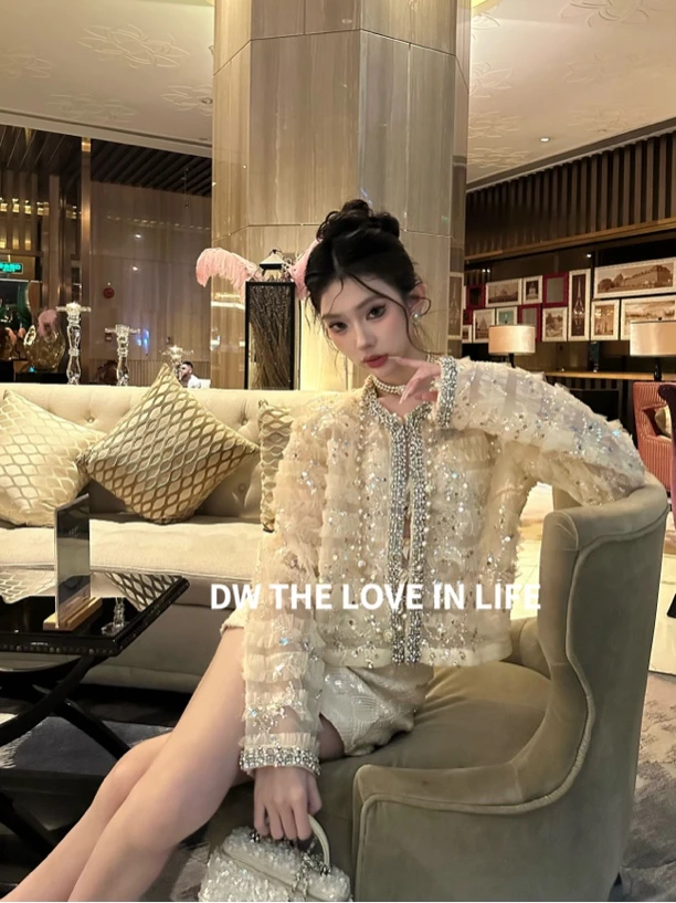 25SS//DW 高定重磅钉珠刺绣亮片半透视外套