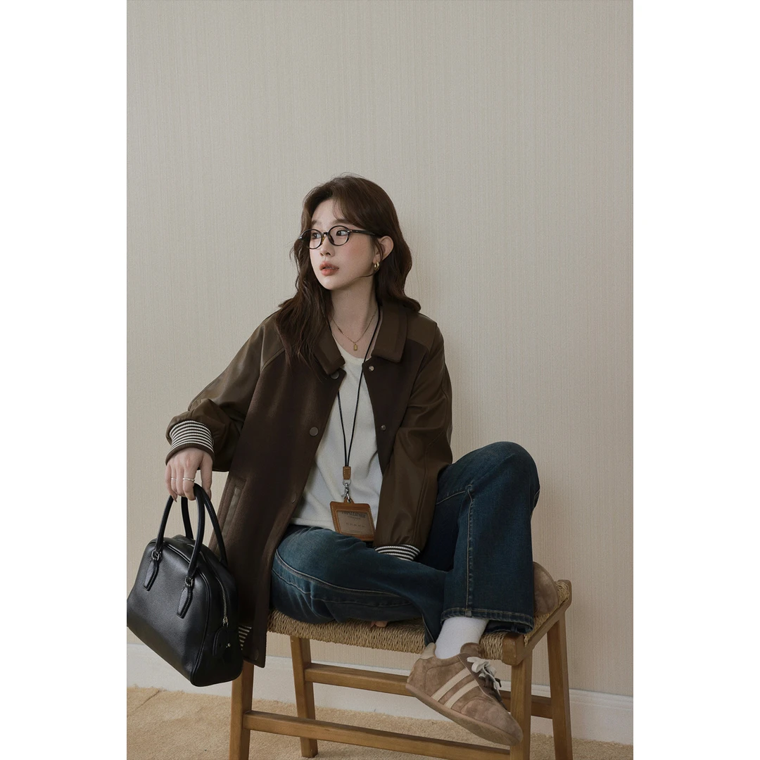 大婉酱微胖定制绵羊毛复古夹棉翻领外套韩版拼接皮衣棒球服 5725D