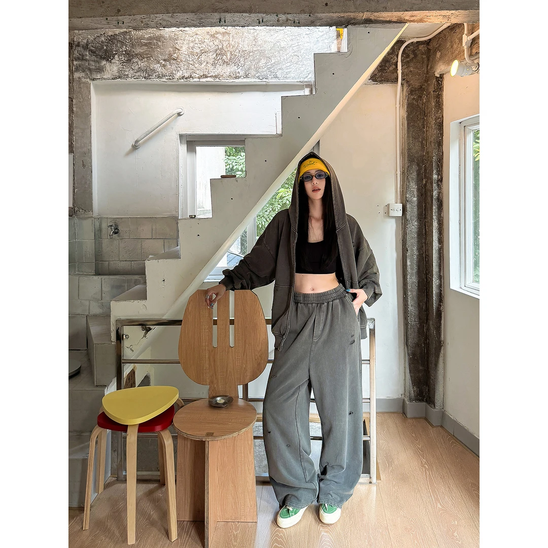 杨九七破洞设计感连帽长袖卫衣外套女早秋复古宽松长裤套装7787