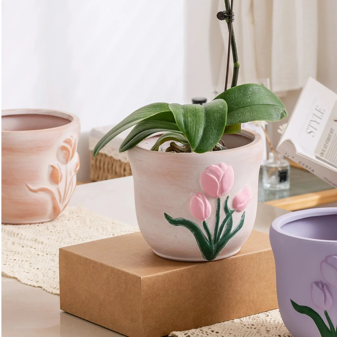 复古粉花郁金香红陶花盆大号口径25高度22