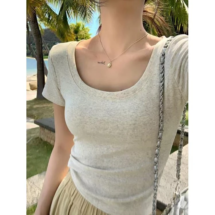 ins正肩短袖t恤女夏季打底显瘦修身锁骨甜辣短款上衣甜美