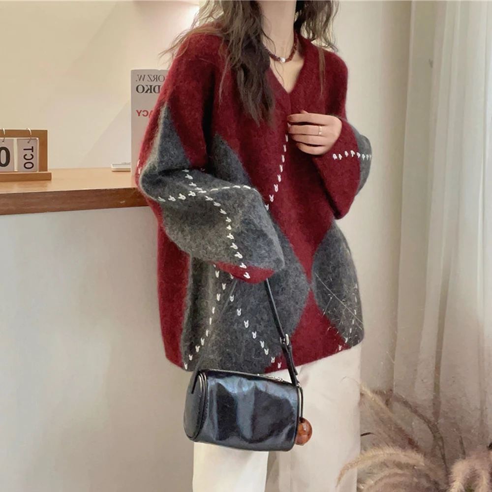 撞色菱形格V领针织衫女2025秋冬新款欧货女装加厚毛衣打底上衣潮