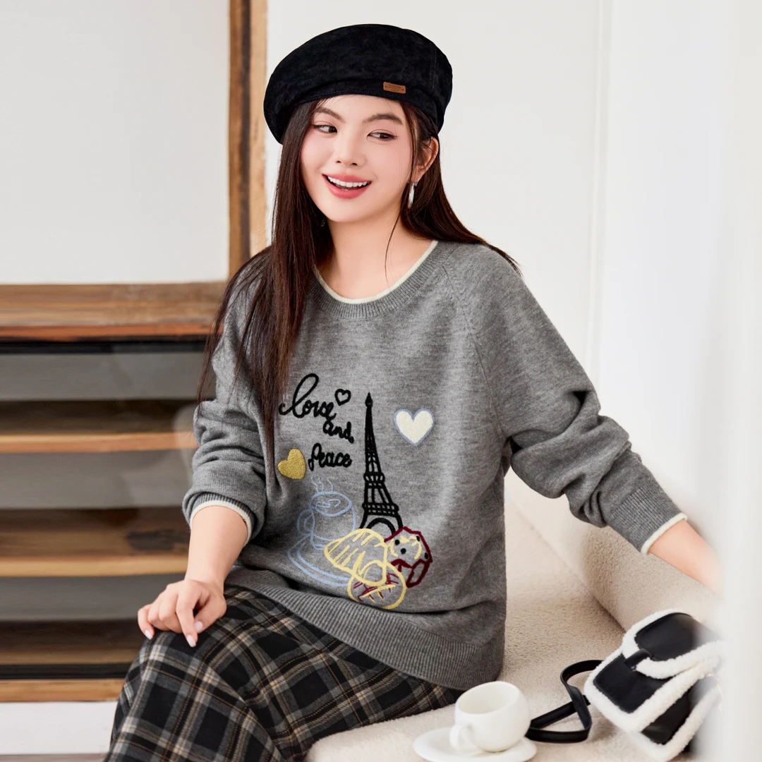 【现货-18支北极绒】MsShe大码女装冬宽松立体刺绣圆领毛衣C2511003