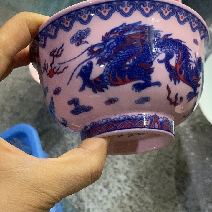 摆件陶5寸红稀土青花釉里红龙凤碗