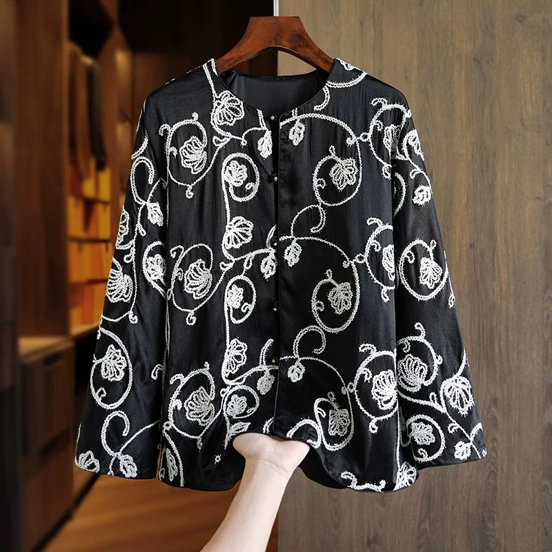 气质高级感重工刺绣新中式衬衫外套女长袖圆领时尚洋气轻国风上衣