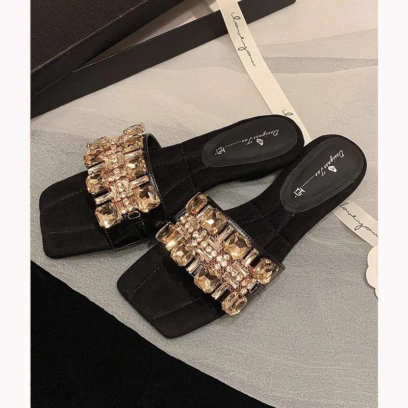 高定重工~法式水钻露趾拖鞋女夏天外穿平底凉拖鞋网红名媛一字拖