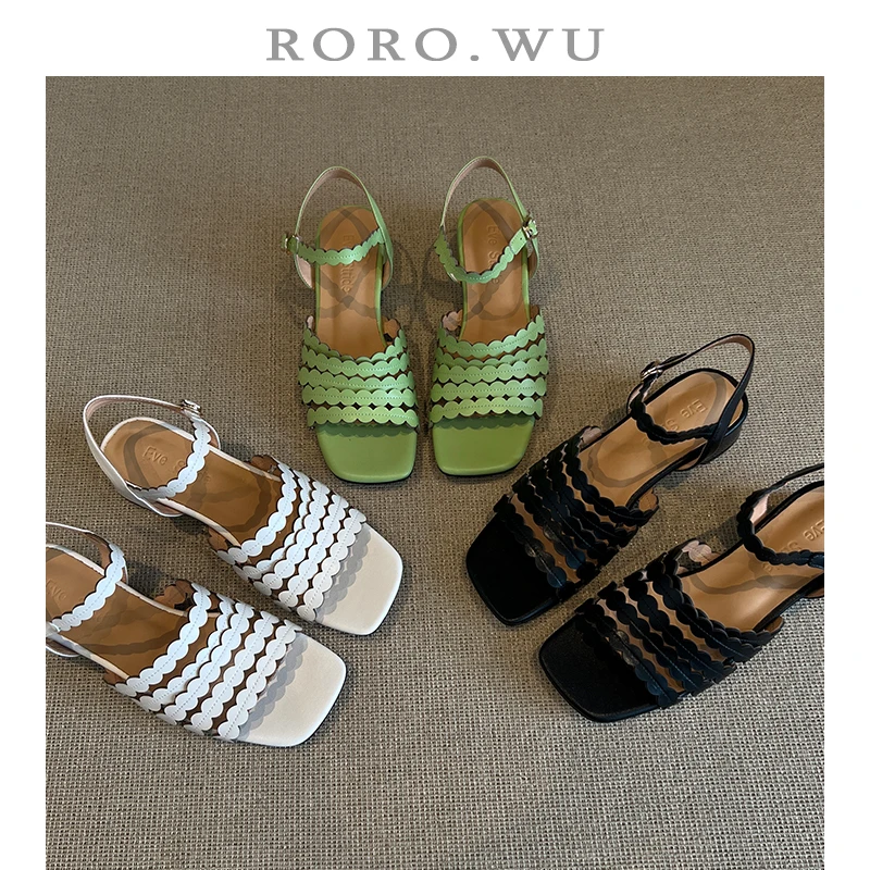 娆娆吴·牛皮夏季方头露趾小众粗跟扣带文艺晚风百搭凉鞋T422
