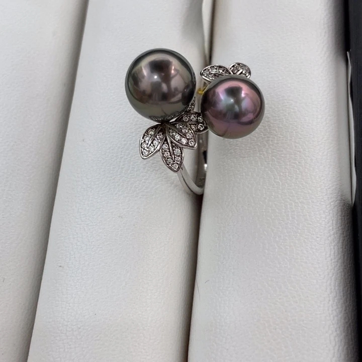 银S925镶嵌戒圈海水珍珠双珠戒指大溪地8.6-9.5mm