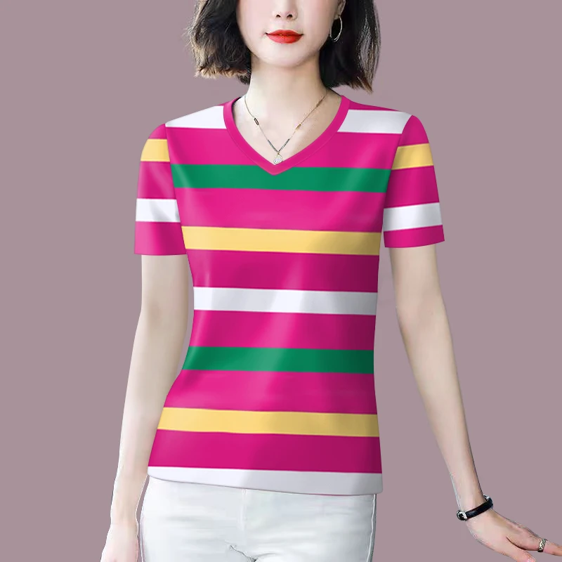 好品捡漏~夏季新款条纹短袖t恤女宽松遮肚显瘦圆领打底女士上衣