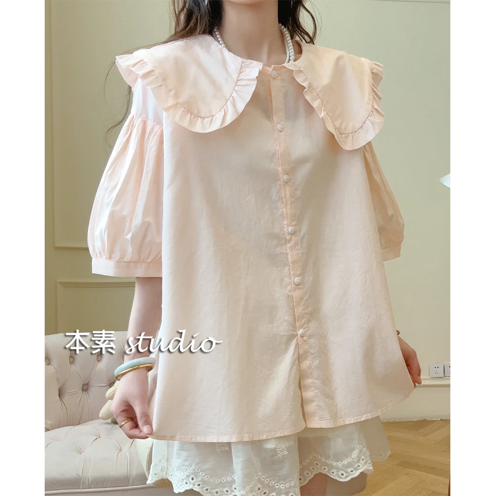 樱MNY2638纯色全开扣娃娃领短袖衬衫