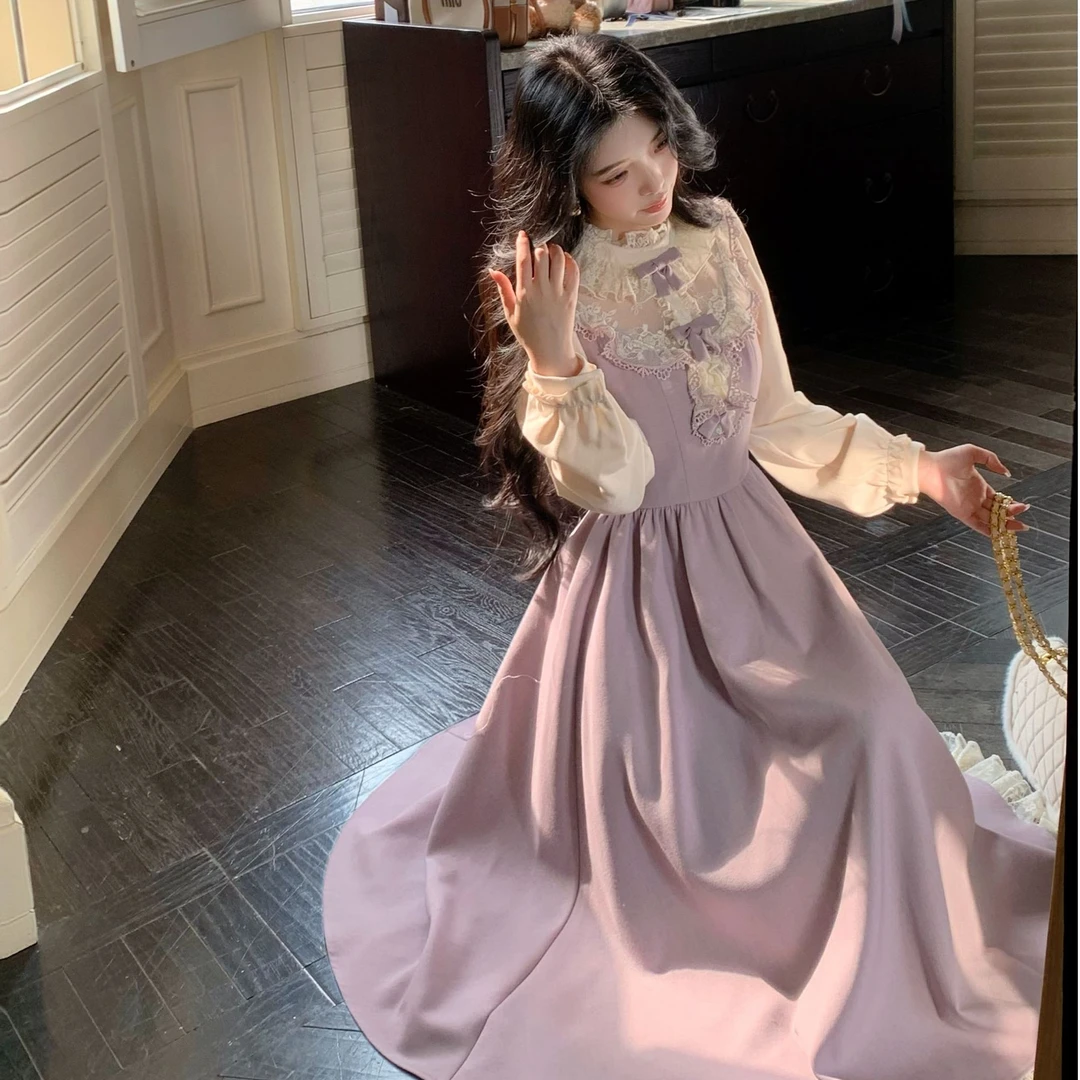 Blovelan薄雾丁香 复古蕾丝拼接立体蝴蝶结领长袖花边连衣裙