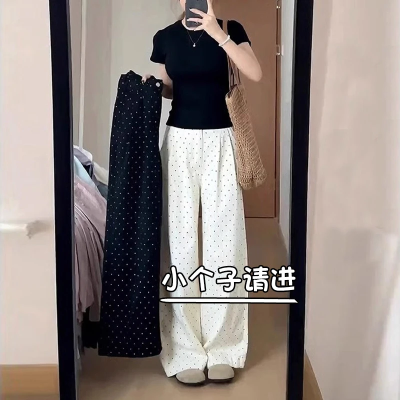 145小个子波点牛仔裤女秋季穿搭高腰垂感直筒阔腿裤显高八分裤