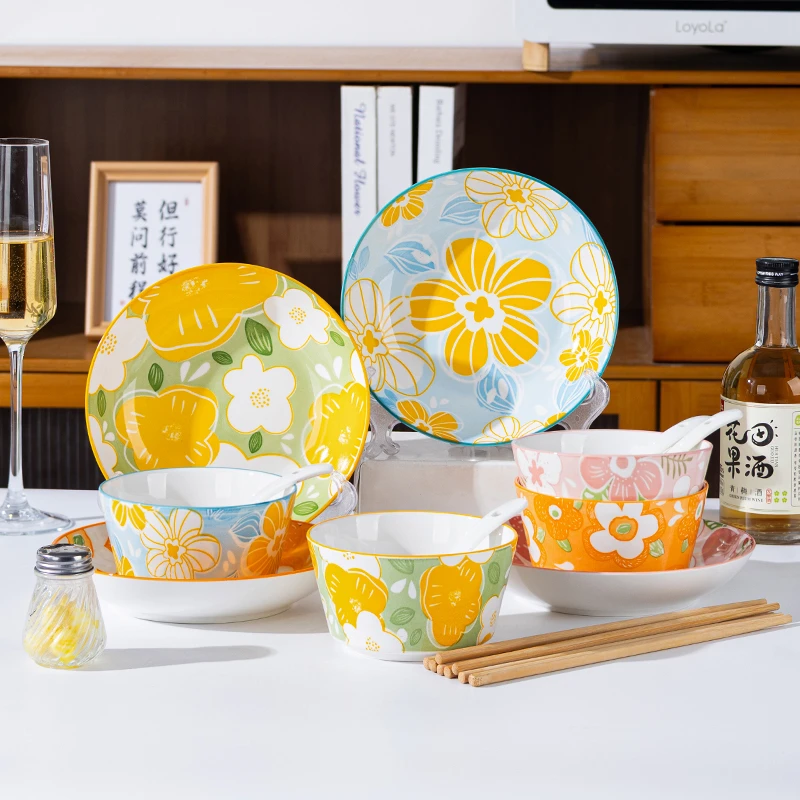 碗盘子餐具套装家用陶瓷混装釉下彩饭碗菜盘子筷勺组合家庭装新款