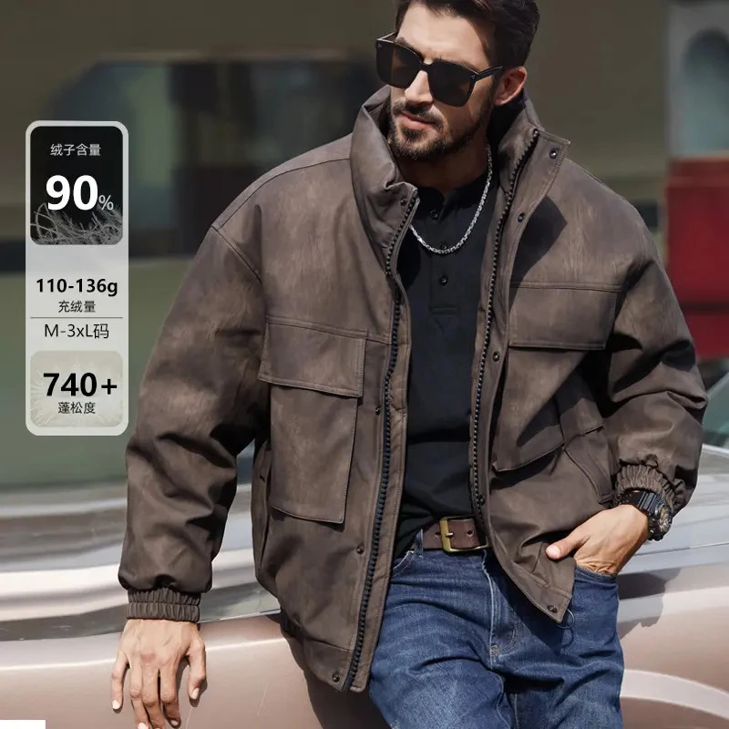 赤.单羽绒服PU皮衣美式复古水洗宽松立领秋冬保暖多口袋男士外套