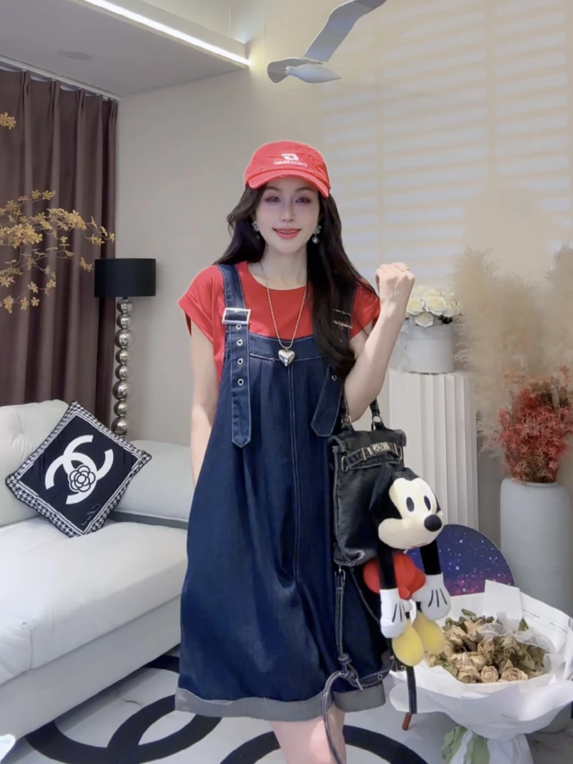 L.X~甜酷小个子牛仔背带裤女宽松减龄短袖T恤背带短裤两件套6587