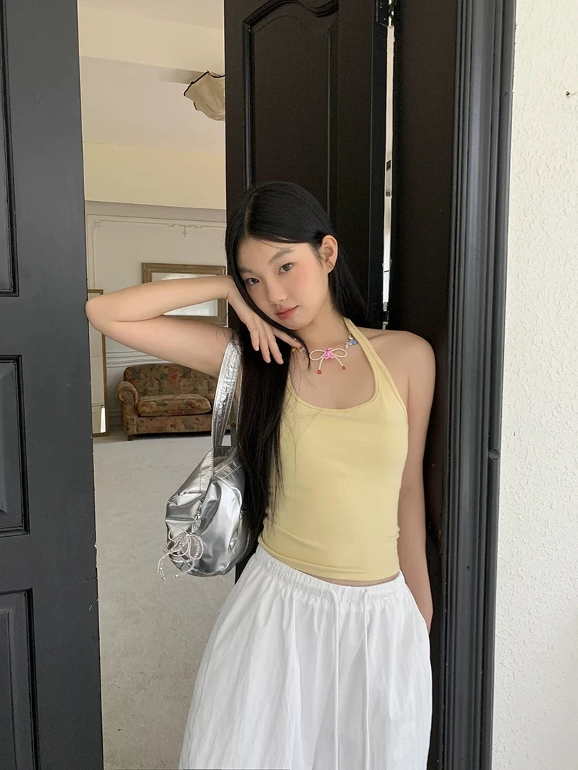 纯棉奶黄色挂脖运动u领吊带背心女夏收腰纯欲遮副乳辣妹无袖上衣