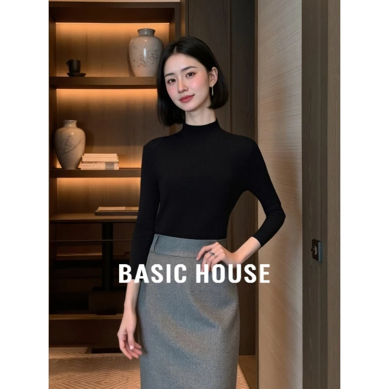 Basic House/百家好半高领黑色针织打底衫女秋季保暖内搭叠穿毛衣