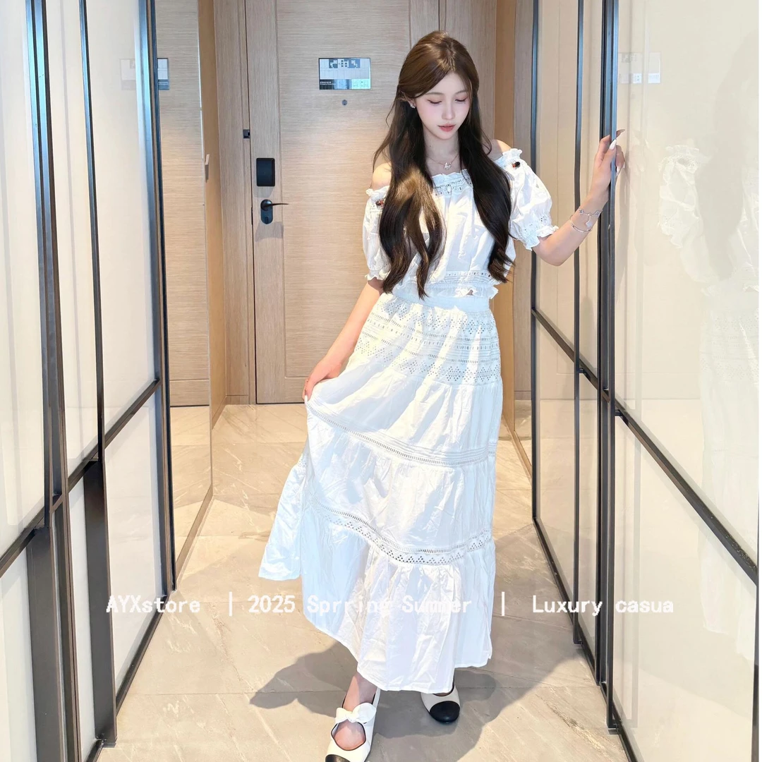 AYXstore现货！25ss夏季新款混纺蕾丝镂空拼接上衣半裙白色套装女