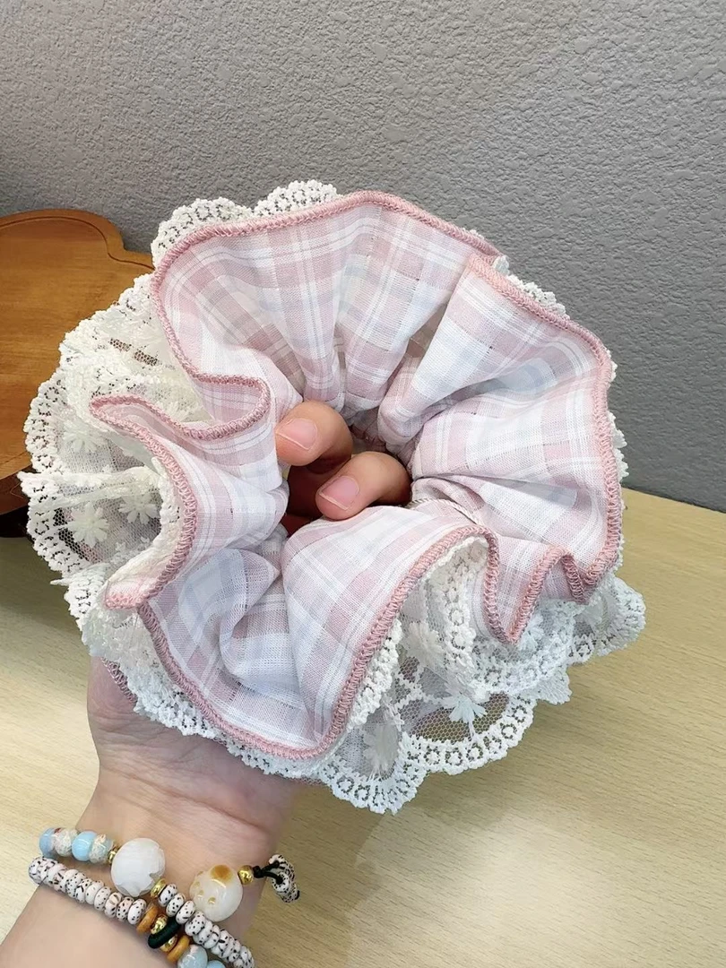 韩国东大门文艺少女撞色格纹褶皱肥肠圈粉色色显白高级感发圈头饰