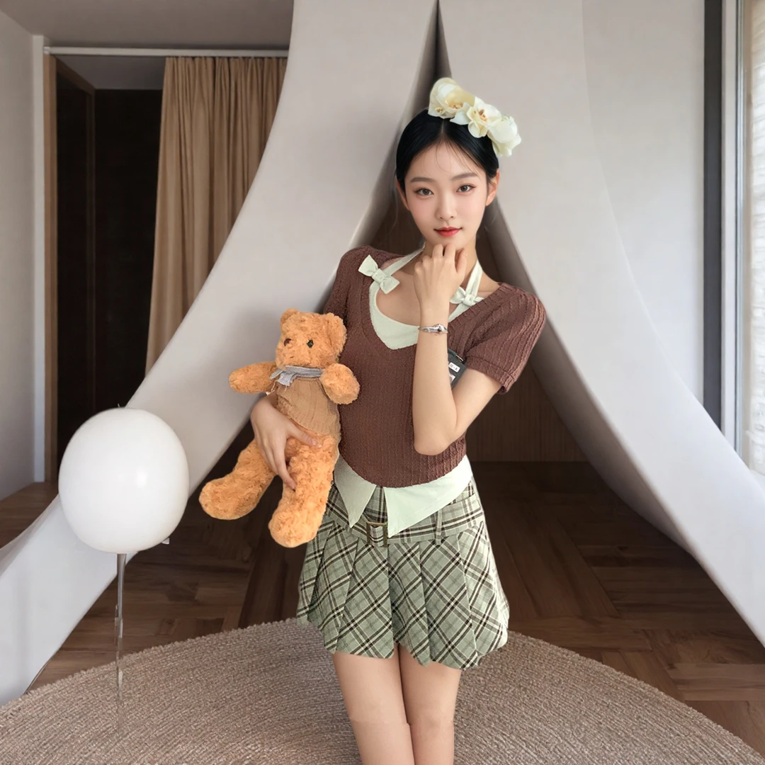 【夏日薄巧】摩卡学院 森系学院风棕色假两件上衣格纹显瘦百褶短裙