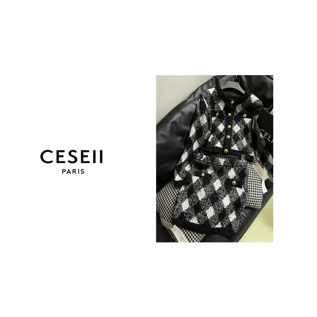 【XJ1251】CESEII秋冬新款时尚高级黑白灰斜纹格毛织套装