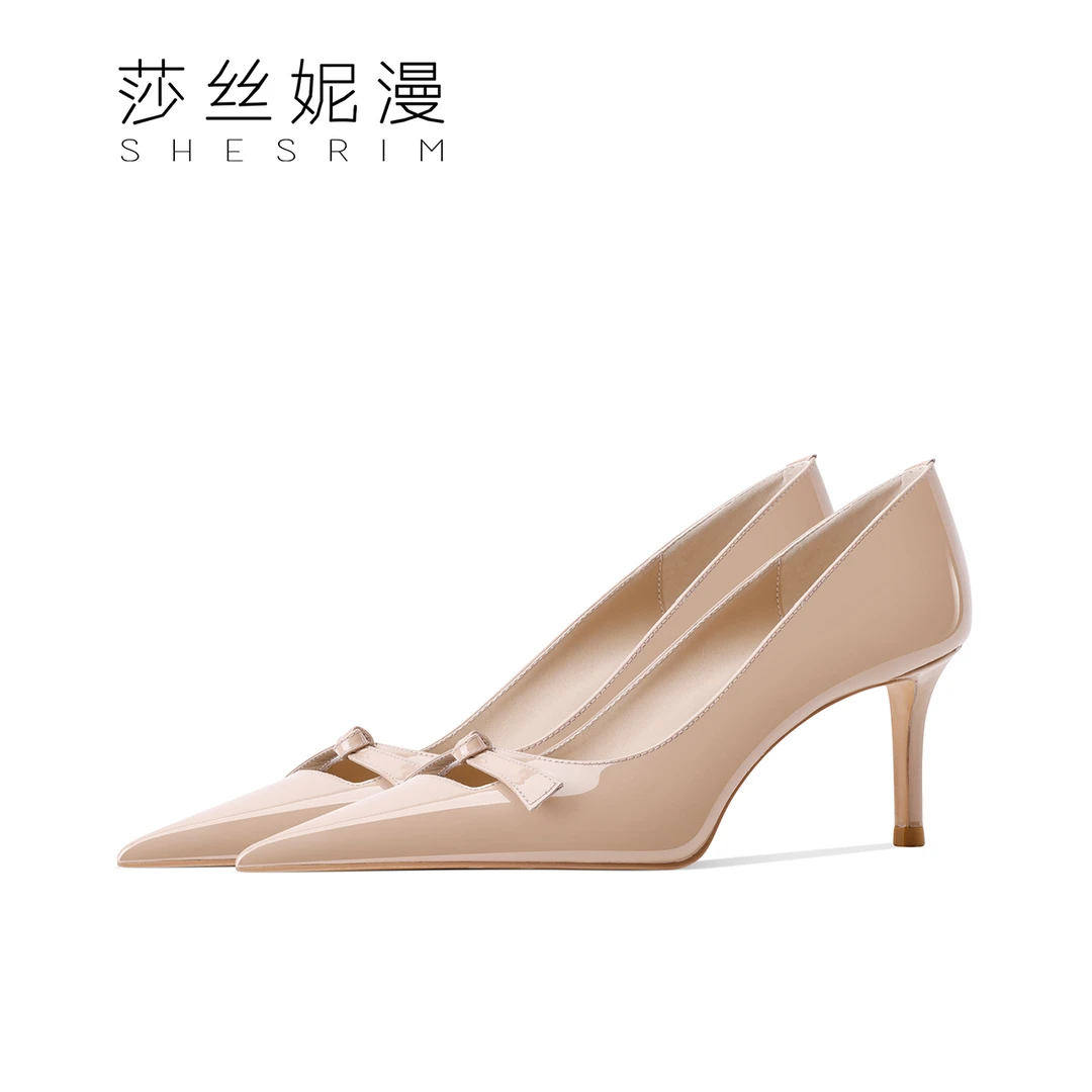 F49-春季性感尖头裸色高跟鞋真皮细跟浅口单鞋简约气质时尚百搭