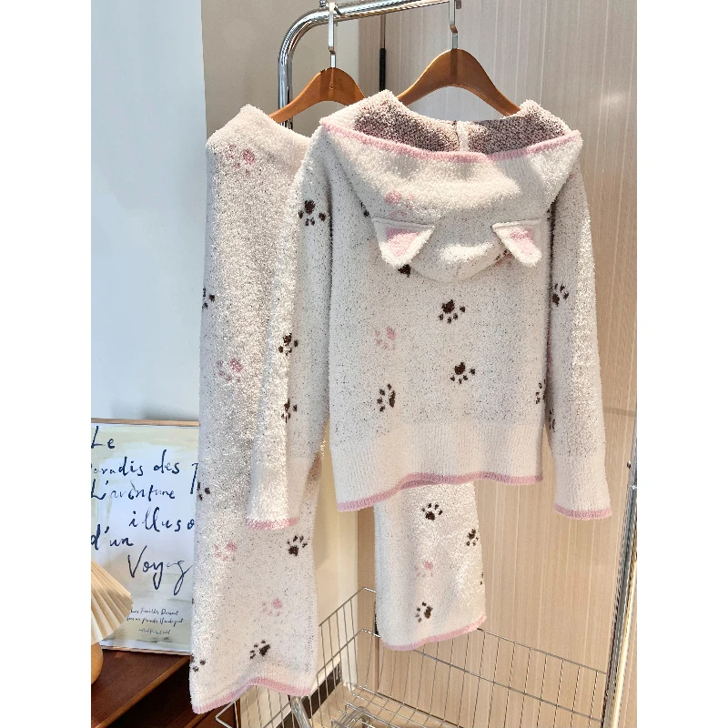 【冬天焕新爆款】韩系软萌小狗爪印半边绒睡衣女秋冬新款家居服套装