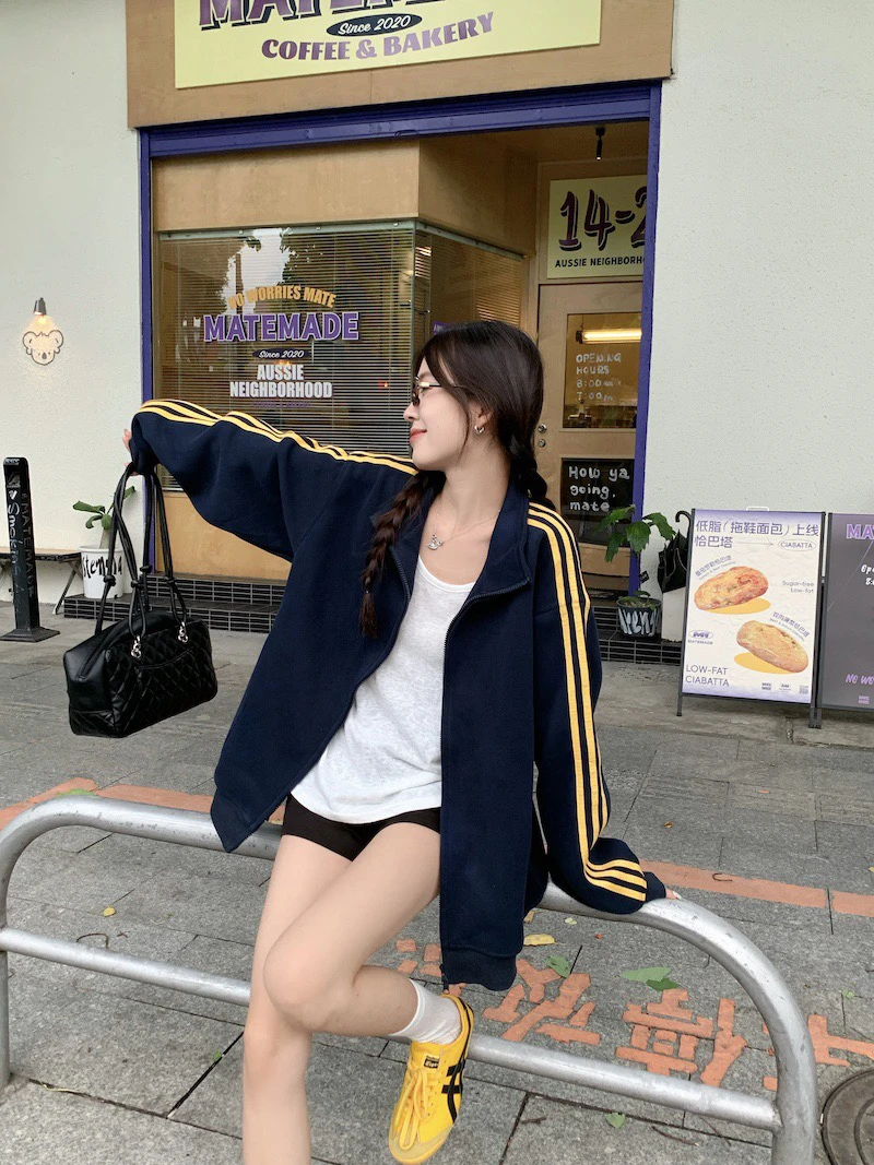 浠儿姐姐 宽松藏青色立领开衫卫衣