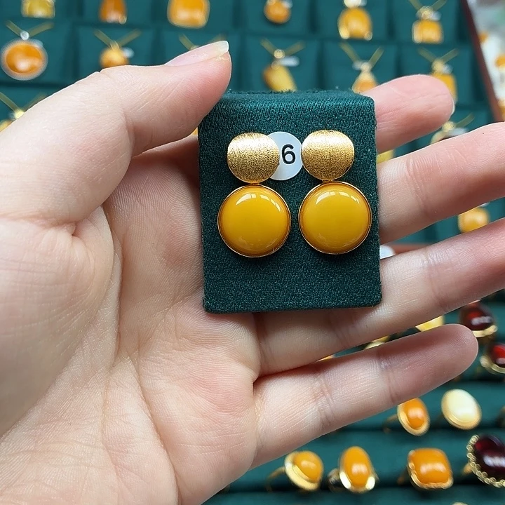 琥珀银S925镶嵌耳饰蜜蜡耳钉