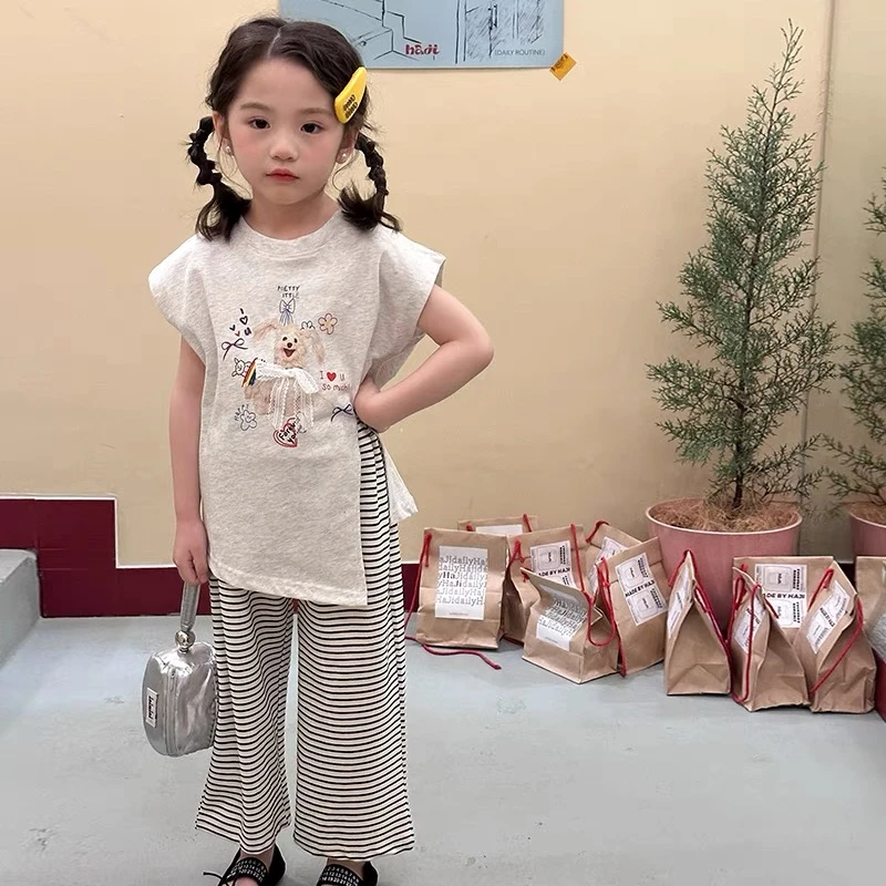 女童洋气套装2025夏季新款韩系穿搭女宝宝短袖T恤条纹休闲阔腿裤