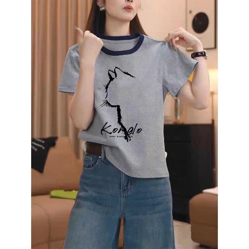 领口拼色正肩短袖女t恤时尚百搭洋气宽松休闲撞色上衣2025夏季潮