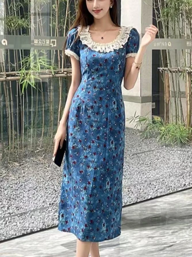 胖妹妹复古孔雀蓝蕾丝花边气质连衣裙