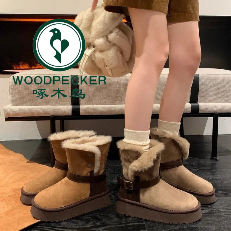 啄木鸟两穿厚底雪地靴女2025年冬季新款复古毛毛短靴加绒保暖棉鞋